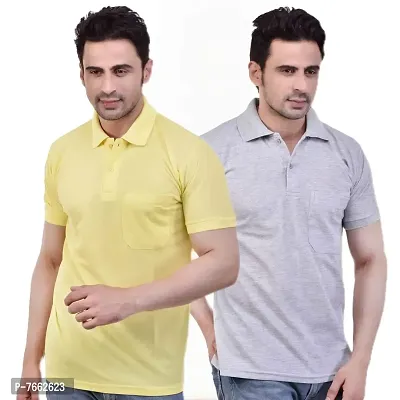 SMAN Men's Polo T-Shirt Regular Fit Polyester Half Sleeve Multicolour with Grey with Pocket Combo Pack of 2 (Yellow  Grey, M)
