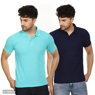 SMAN Men's Polo T-Shirt Regular Fit Polyester Half Sleeve Multicolour with Aqua Without Pocket Combo Pack of 2 (Aqua  Navy Blue, 2XL)