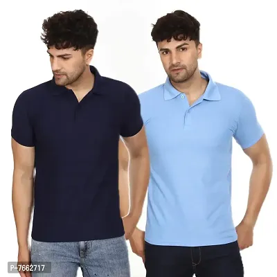 SMAN Men's Polo T-Shirt Regular Fit Polyester Half Sleeve Multicolour with Navy Blue Without Pocket Combo Pack of 2 (Navy Blue  Sky Blue, L)