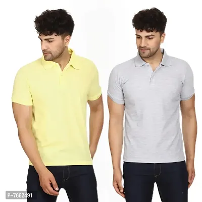 SMAN Men's Polo T-Shirt Regular Fit Polyester Half Sleeve Multicolour with Lemon Without Pocket Combo Pack of 2 (Lemon  Grey, M)