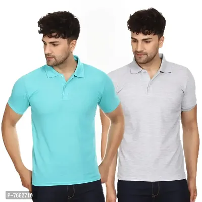 SMAN Men's Polo T-Shirt Regular Fit Polyester Half Sleeve Multicolour with Aqua Without Pocket Combo Pack of 2 (Aqua  Grey, M)