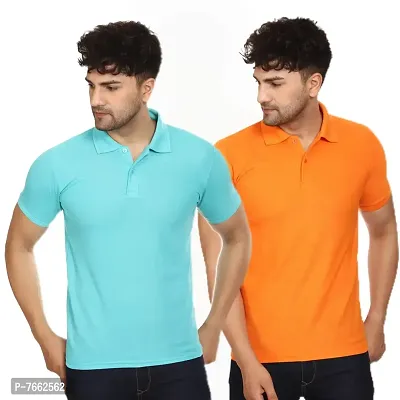 SMAN Men's Polo T-Shirt Regular Fit Polyester Half Sleeve Multicolour with Aqua Without Pocket Combo Pack of 2 (Aqua  Orange, L)