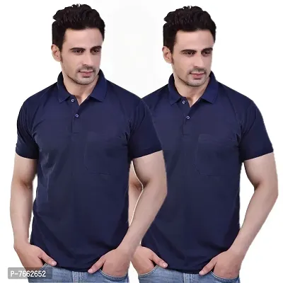 SMAN Men's Polo Regular Fit Half Sleeve Polyester T-Shirt with Side Pocket Combo Pack of 2 | Multicolor | (Medium, Navy Blue)-thumb0