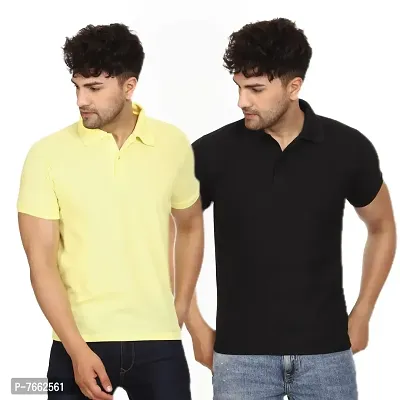 SMAN Men's Polo T-Shirt Regular Fit Polyester Half Sleeve Multicolour with Lemon Without Pocket Combo Pack of 2 (Lemon  Black, L)