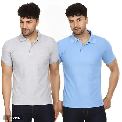 SMAN Men's Polo T-Shirt Regular Fit Polyester Half Sleeve Multicolour with Grey Without Pocket Combo Pack of 2 (Grey  Sky Blue, L)