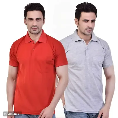 SMAN Men's Polo T-Shirt Regular Fit Polyester Half Sleeve Multicolour with Grey with Pocket Combo Pack of 2 (Red  Grey, L)