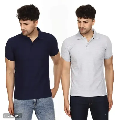 SMAN Men's Polo T-Shirt Regular Fit Polyester Half Sleeve Multicolour with Navy Blue Without Pocket Combo Pack of 2 (Navy Blue  Gray, M)