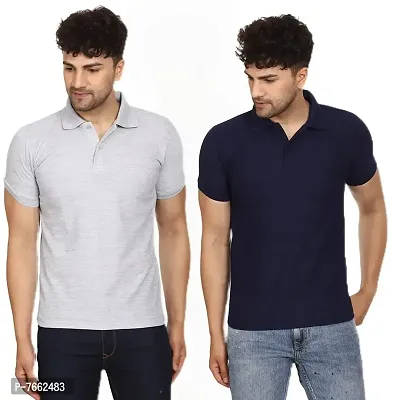 SMAN Men's Polo T-Shirt Regular Fit Polyester Half Sleeve Multicolour with Grey Without Pocket Combo Pack of 2 (Grey  Navy Blue, 2XL)-thumb0