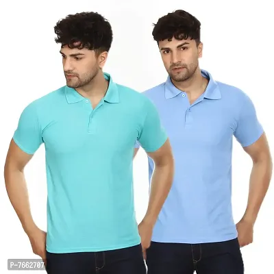SMAN Men's Polo T-Shirt Regular Fit Polyester Half Sleeve Multicolour with Aqua Without Pocket Combo Pack of 2 (Aqua  Sky Blue, L)