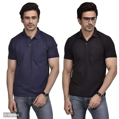 SMAN Men's Polo T-Shirt Regular fit, Polyester, Half Sleeve, with Pocket Combo Pack of 2 | Navy-Blue, Black |-thumb0