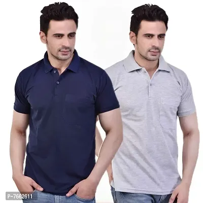 SMAN Men's Polo T-Shirt Regular Fit Polyester Half Sleeve Multicolour with Grey with Pocket Combo Pack of 2 (Navy Blue  Grey, L)