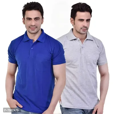 SMAN Men's Polo T-Shirt Regular Fit Polyester Half Sleeve Multicolour with Grey with Pocket Combo Pack of 2 (Royal Blue  Grey, M)-thumb0
