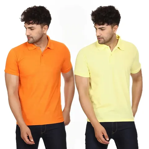 SMAN Men's Polo T-Shirt Regular Fit Polyester Half Sleeve Multicolour with Orange Without Pocket Combo Pack of 2