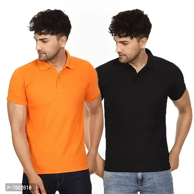 SMAN Men's Polo T-Shirt Regular Fit Polyester Half Sleeve Multicolour with Orange Without Pocket Combo Pack of 2 (Orange  Black, M)