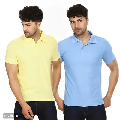 SMAN Men's Polo T-Shirt Regular Fit Polyester Half Sleeve Multicolour with Lemon Without Pocket Combo Pack of 2 (Lemon  Sky Blue, L)