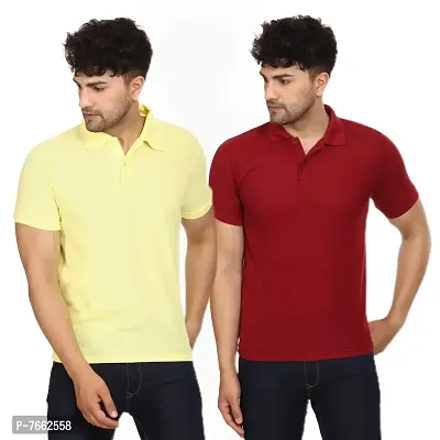 SMAN Men's Polo T-Shirt Regular Fit Polyester Half Sleeve Multicolour with Lemon Without Pocket Combo Pack of 2 (Lemon  Maroon, 2XL)-thumb0