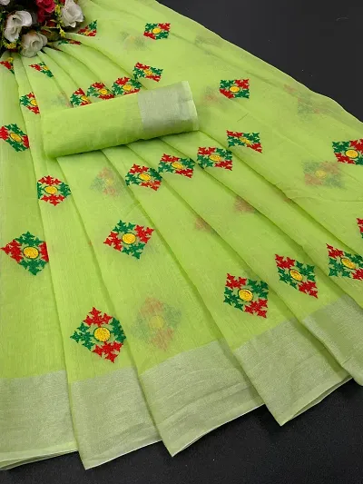Chanderi Cotton Embroidered Zari Border Sarees with Blouse Piece