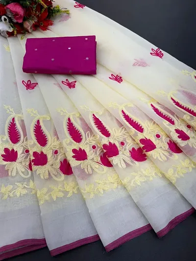 Chanderi Cotton Embroidered Saree with Blouse piece