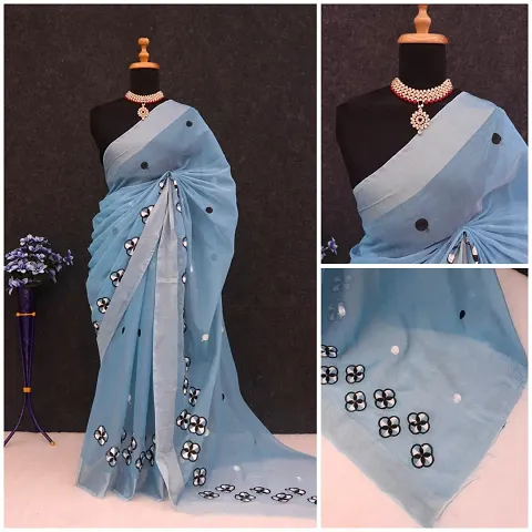 Stylish Chanderi Cotton Embroidery Work Sarees with Blouse Piece