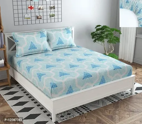 AV Trendz Elastic Fitted Cotton Feel Glace Cotton Queen Size Bedsheet - 78 x 72 x 6 Inch, Aqua Triangle
