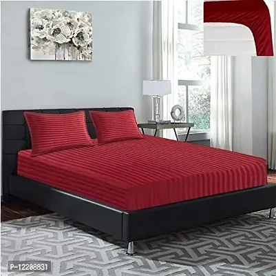 AV Trendz Elastic Fitted Glace Cotton Double-Bed Bedsheet - 78 X 72 X 6 Inch (RED Striped) with 2 Pillow Covers for 4-5 inches Mattress