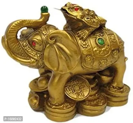 BANSIWAL Vastu - Feng Shui Elephant with Frog Decorative Showpiece - 9 cm (Polyresin, Gold)