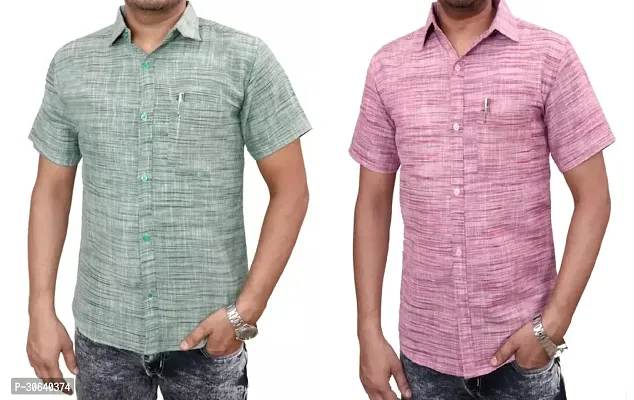 Stylish Multicoloured Khadi Cotton Short Sleeves Casual Shirt For Men Pack Of 2