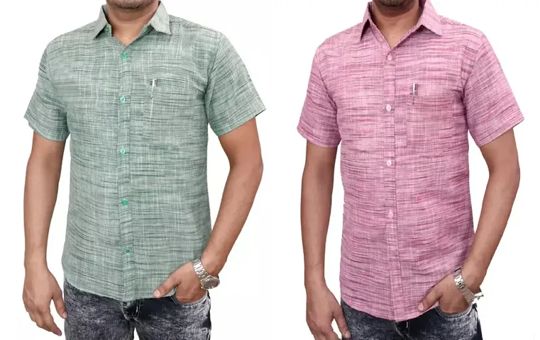 Reliable Khadi Solid Short Sleeves Casual Shirt For Men Pack Of 2