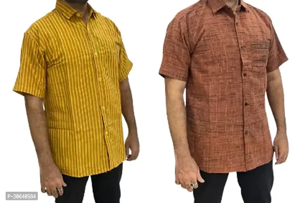 Stylish Multicoloured Khadi Cotton Short Sleeves Casual Shirt For Men Pack Of 2