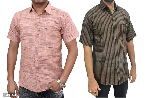 Stylish Multicoloured Khadi Cotton Short Sleeves Casual Shirt For Men Pack Of 2