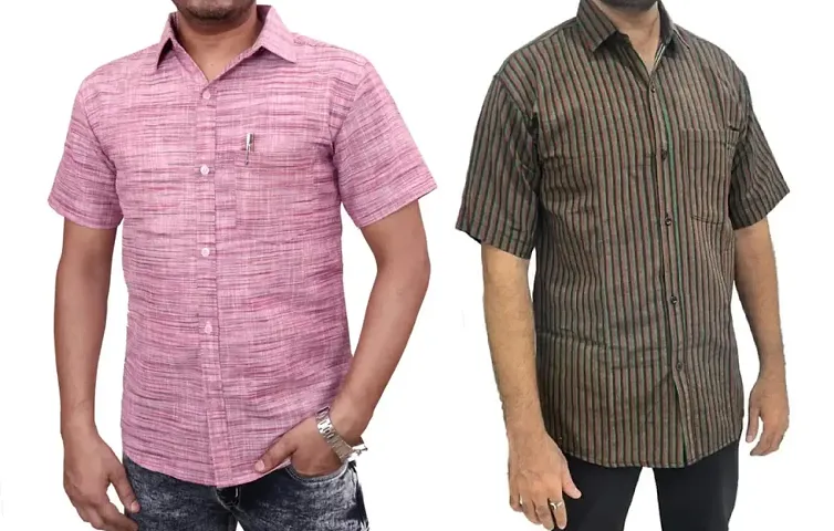 Reliable Khadi Striped Short Sleeves Casual Shirt For Men Pack Of 2