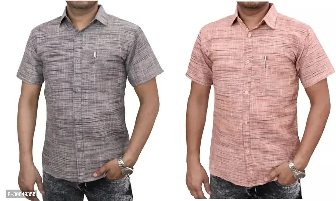 Stylish Multicoloured Khadi Cotton Short Sleeves Casual Shirt For Men Pack Of 2-thumb0