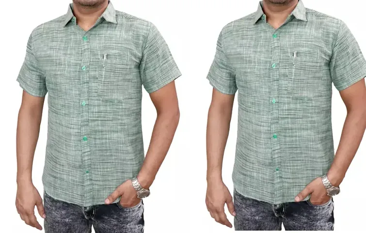 Reliable Khadi Solid Short Sleeves Casual Shirt For Men Pack Of 2