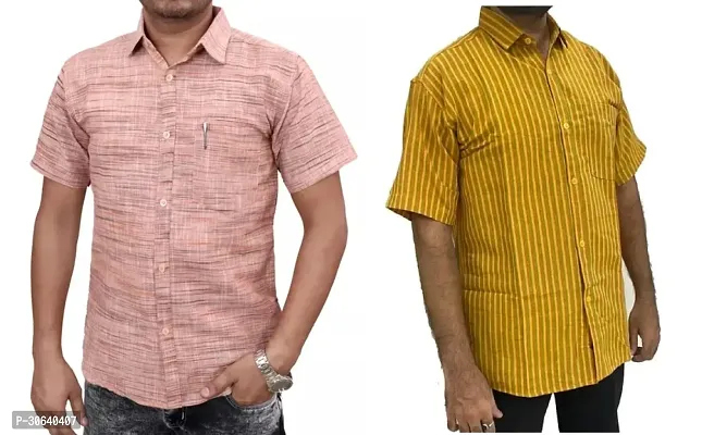 Stylish Multicoloured Khadi Cotton Short Sleeves Casual Shirt For Men Pack Of 2