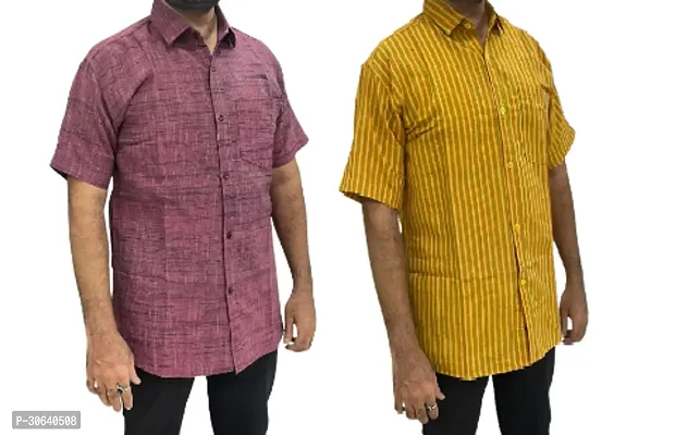 Stylish Multicoloured Khadi Cotton Short Sleeves Casual Shirt For Men Pack Of 2