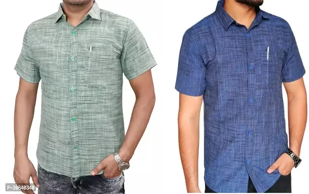 Stylish Multicoloured Khadi Cotton Short Sleeves Casual Shirt For Men Pack Of 2-thumb0