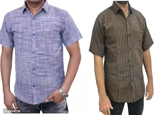 Stylish Multicoloured Khadi Cotton Short Sleeves Casual Shirt For Men Pack Of 2-thumb0