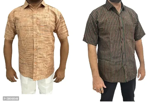 Stylish Multicoloured Khadi Cotton Short Sleeves Casual Shirt For Men Pack Of 2-thumb0