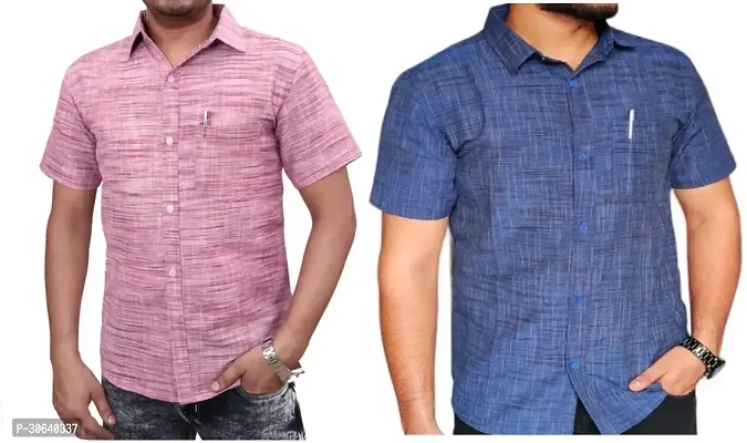 Stylish Multicoloured Khadi Cotton Short Sleeves Casual Shirt For Men Pack Of 2