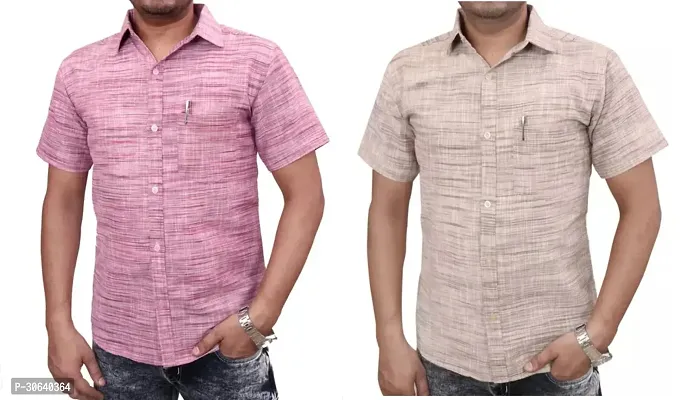 Stylish Multicoloured Khadi Cotton Short Sleeves Casual Shirt For Men Pack Of 2