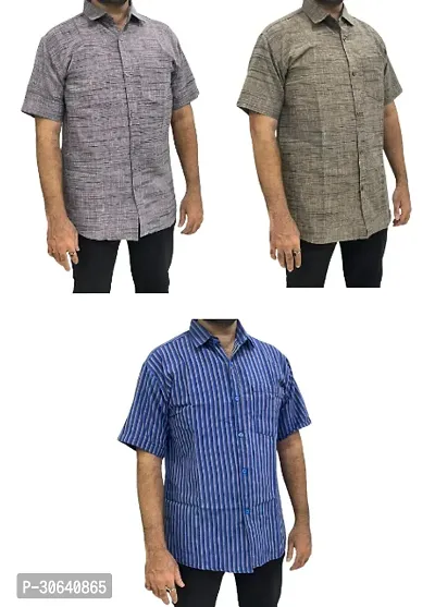 Stylish Multicoloured Khadi Cotton Short Sleeves Casual Shirt For Men Pack Of 3-thumb0