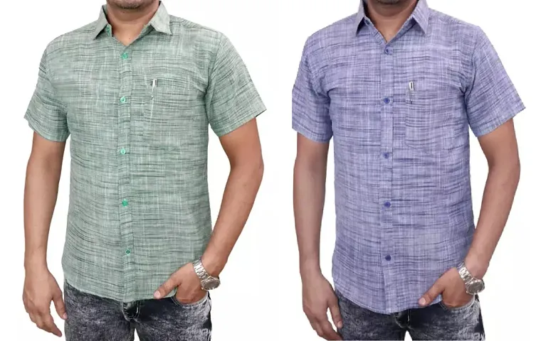 Reliable Khadi Solid Short Sleeves Casual Shirt For Men Pack Of 2