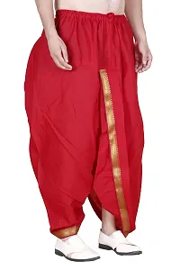 Krusnam Store Men's Ethnic Cotton Readymade Dhoti With Golden Lace in Front for Special Occasions Wedding Puja Festival Comfortable Dhoti(Free size) (Red)-thumb1