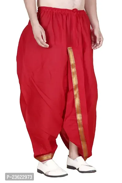 Krusnam Store Men's Ethnic Cotton Readymade Dhoti With Golden Lace in Front for Special Occasions Wedding Puja Festival Comfortable Dhoti(Free size) (Red)-thumb2