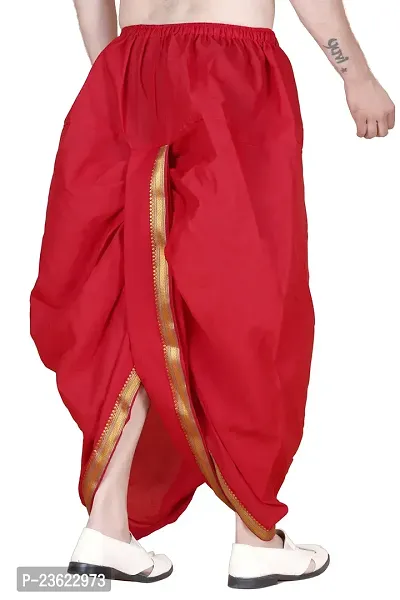 Krusnam Store Men's Ethnic Cotton Readymade Dhoti With Golden Lace in Front for Special Occasions Wedding Puja Festival Comfortable Dhoti(Free size) (Red)-thumb4