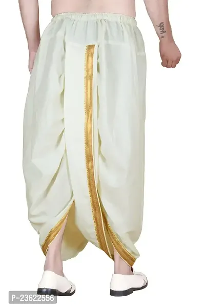 Krusnam Store Men's Ethnic Cotton Readymade Dhoti With Golden Lace in Front for Special Occasions Wedding Puja Festival Comfortable Dhoti(Free size) (Cream)-thumb4