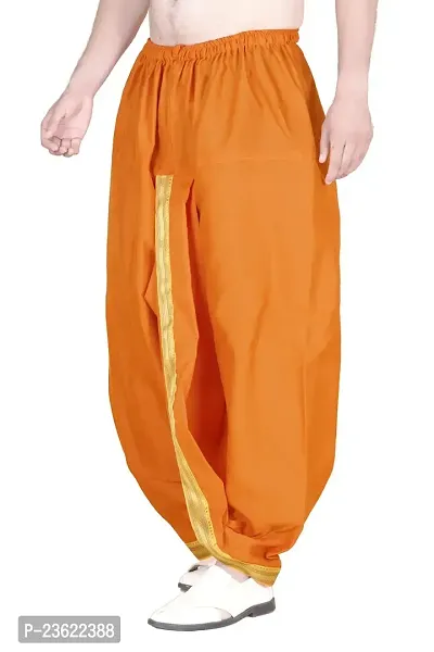 Krusnam Store Men's Ethnic Pure Cotton Readymade Dhoti With Golden Lace in Front for Special Occasions Wedding Puja Festival Comfortable Dhoti(Free size) (Mustard)-thumb3