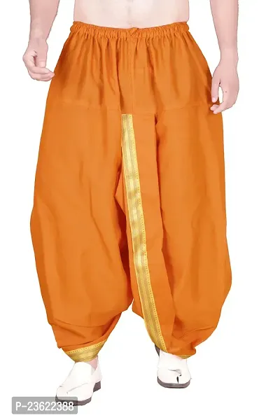 Krusnam Store Men's Ethnic Pure Cotton Readymade Dhoti With Golden Lace in Front for Special Occasions Wedding Puja Festival Comfortable Dhoti(Free size) (Mustard)-thumb0