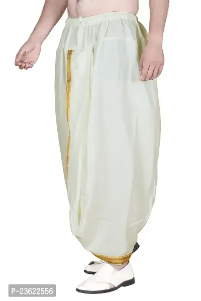 Krusnam Store Men's Ethnic Cotton Readymade Dhoti With Golden Lace in Front for Special Occasions Wedding Puja Festival Comfortable Dhoti(Free size) (Cream)-thumb3