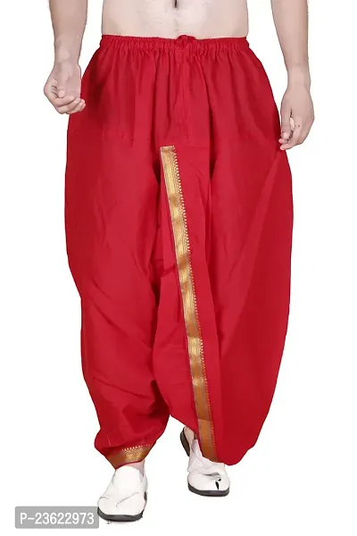 Krusnam Store Men's Ethnic Cotton Readymade Dhoti With Golden Lace in Front for Special Occasions Wedding Puja Festival Comfortable Dhoti(Free size) (Red)-thumb0